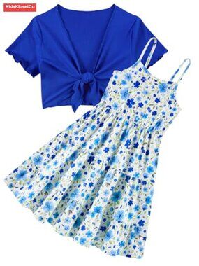Girls 2-Piece Summer Dress Set with Knot-Front Cardigan, Adjustable Spaghetti